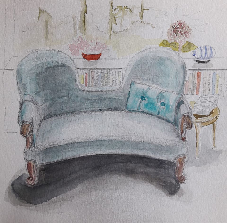 Causeuse, aquarelle et crayon, Cécile Emond, 3 avril 2020